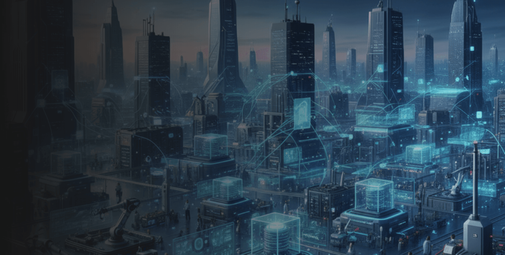 Futuristic smart city showing edge computing infrastructure and real-time data flow connecting robotic systems, micro data centers, and connected operations in an industrial landscape.