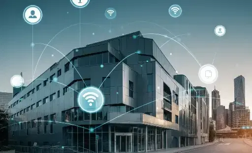 Smart building with device management visualized through glowing digital connections, representing seamless IoT integration in a modern urban environment. 