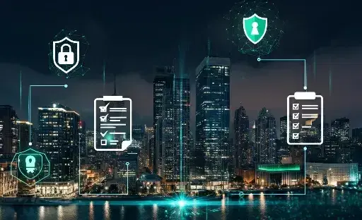 A futuristic cityscape banner for a blog on smart building compliance, showing IoT connectivity with glowing lines, cybersecurity shields, and checklist icons. 