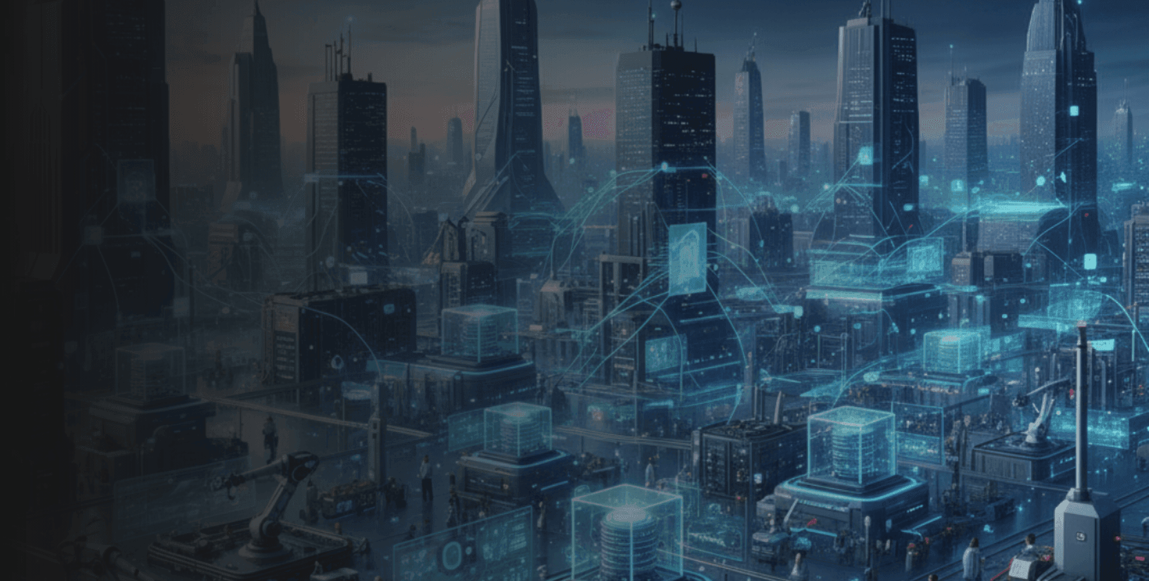 Futuristic smart city showing edge computing infrastructure and real-time data flow connecting robotic systems, micro data centers, and connected operations in an industrial landscape.