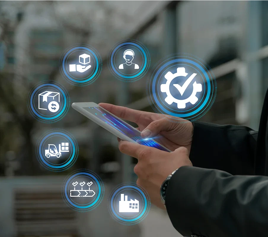 Man using his phone to access smart facility management system for integrated data record