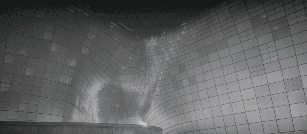 Zaha Hadid's style of construction is shown in this curved building.
