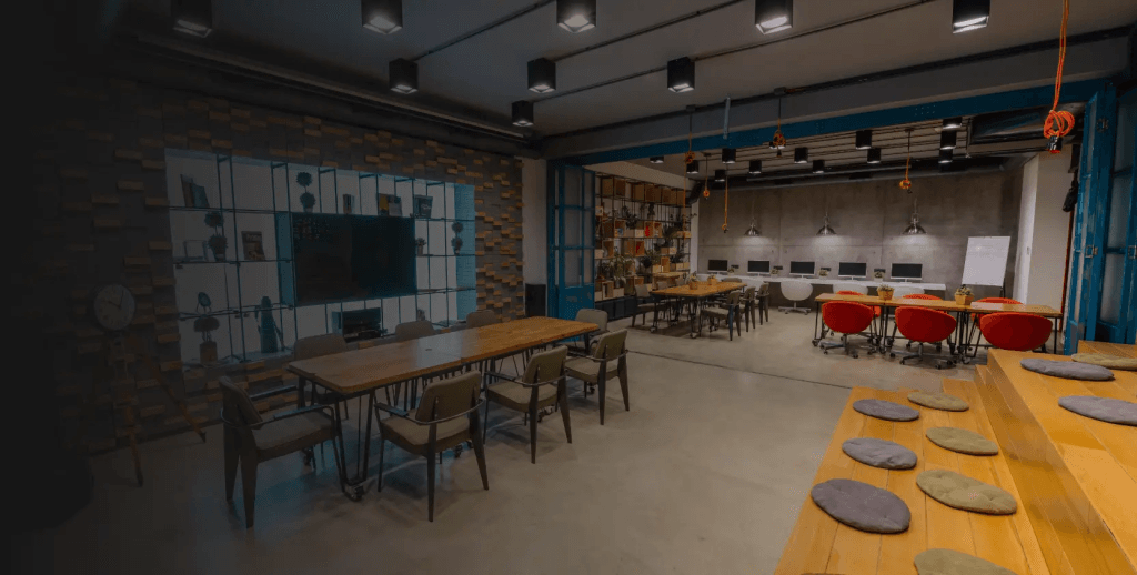 The future of work office interior design with open seats and a relaxed environment.