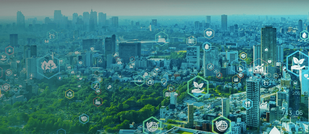 City skyline featuring energy-efficient Net Zero energy buildings