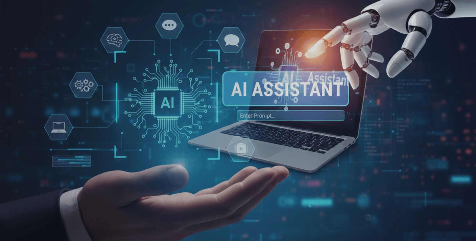 AI Copilot assists a user through a digital interface with a robotic hand operating a laptop, symbolizing intelligent automation and human-machine collaboration.