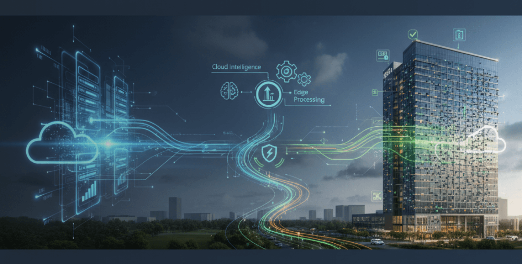 Cloud-to-edge computing visualization showing intelligent data flow between cloud servers and a smart building for real-time processing and analytics.