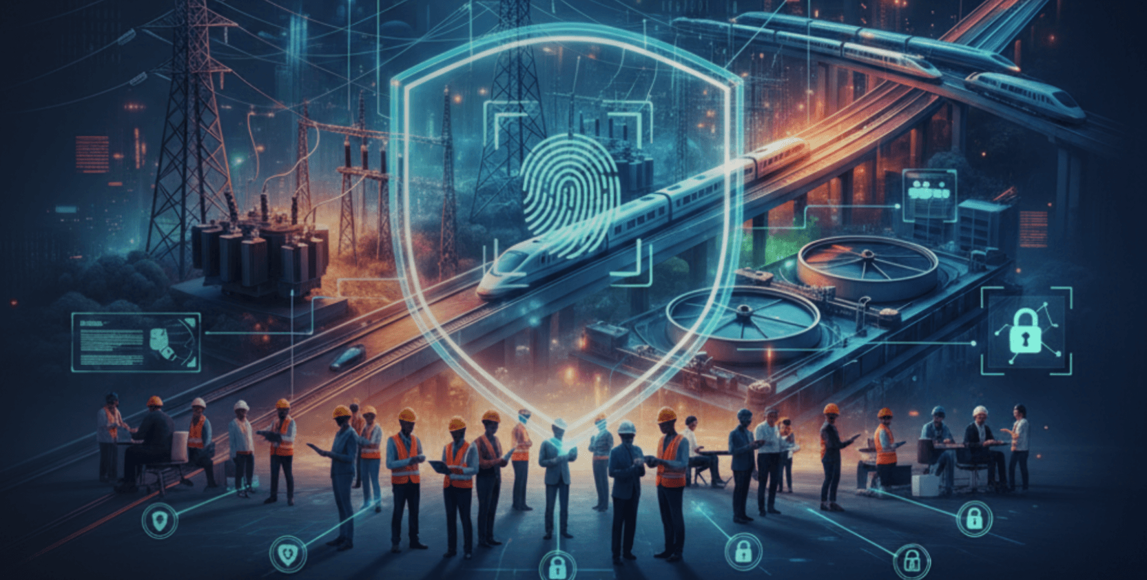 Digital artwork showing power grids, rail, and water plants secured by a biometric shield, with engineers working safely to enable controlled vendor access.