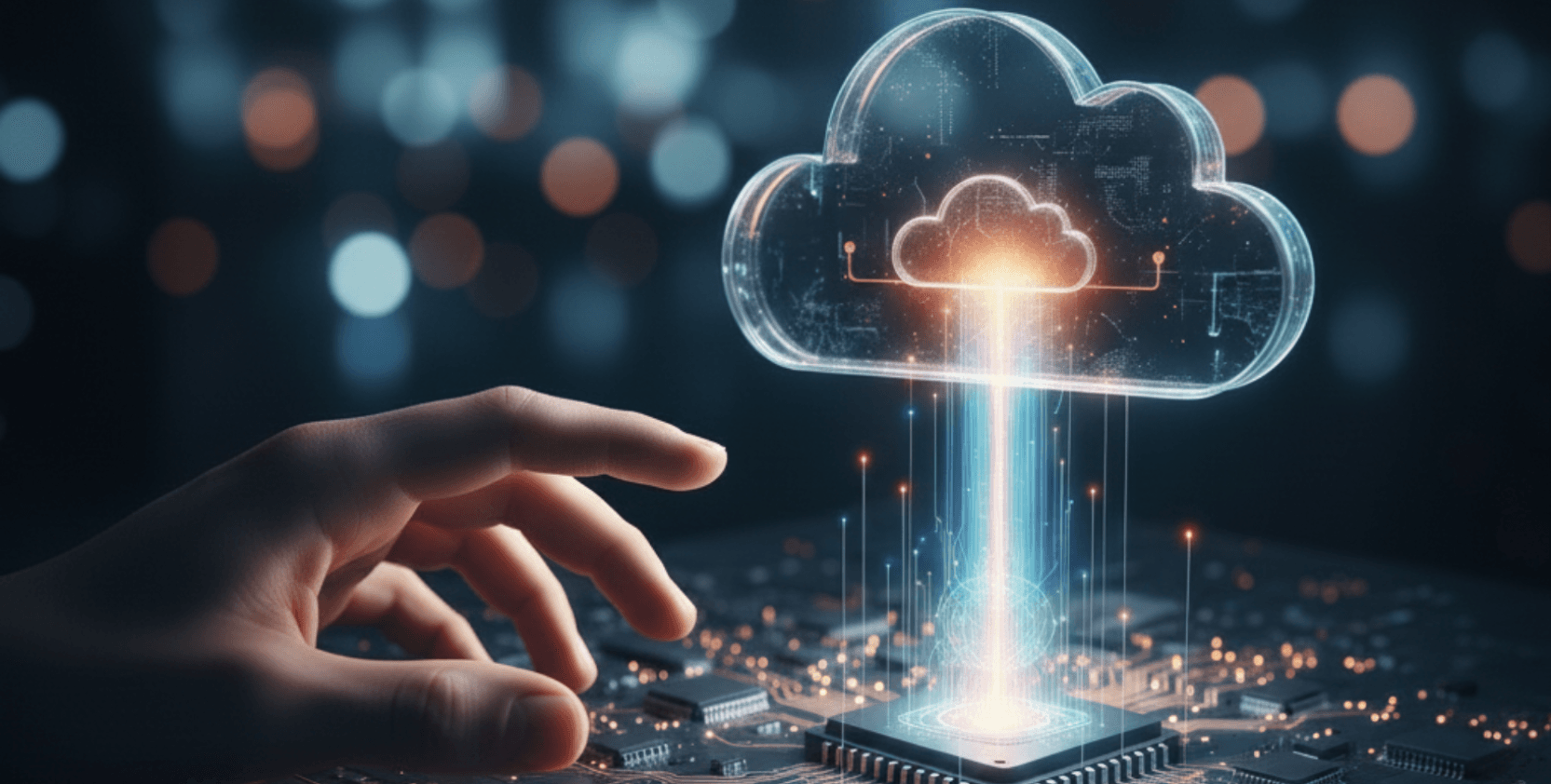 Edge-cloud hybrid computing concept with human hand, glowing cloud data stream, and microprocessor representing modern IT infrastructure.