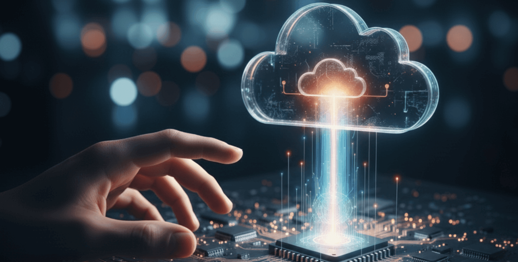 Edge-cloud hybrid computing concept with human hand, glowing cloud data stream, and microprocessor representing modern IT infrastructure.