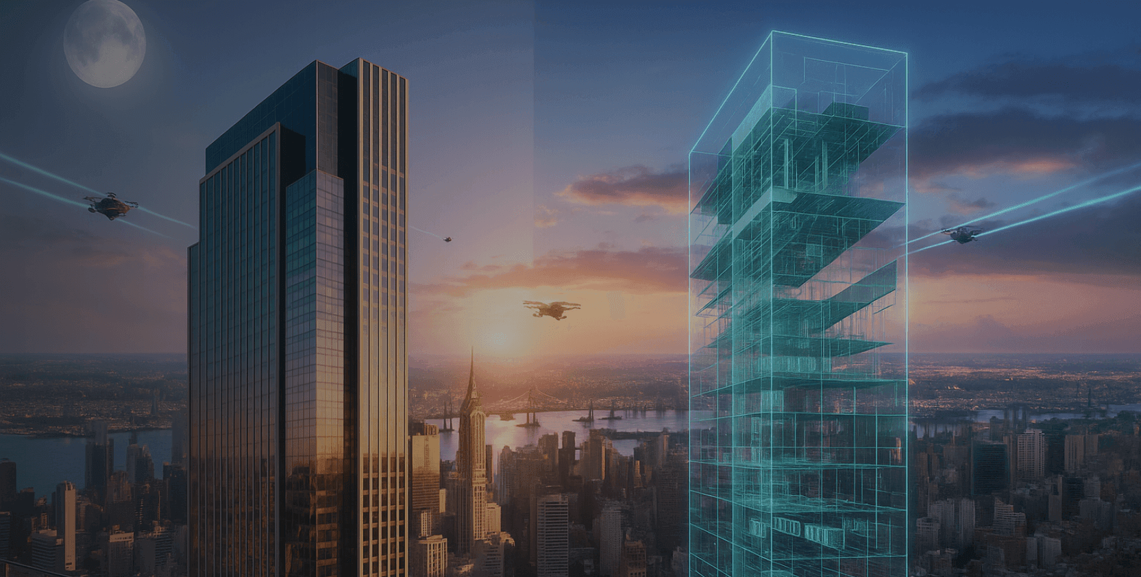 A futuristic city skyline at sunset showcasing digital twin technology, with a real skyscraper mirrored by a transparent virtual twin structure, symbolizing smart building innovation and real-time data integration.
