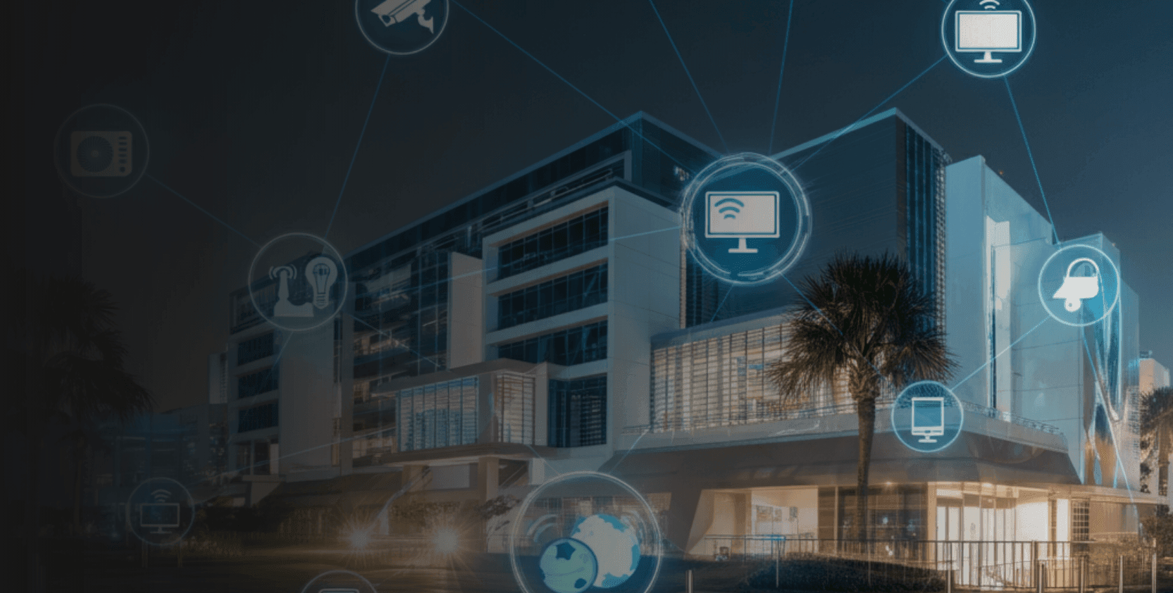 Landscape view of a smart building with a glowing network, representing comprehensive device management.