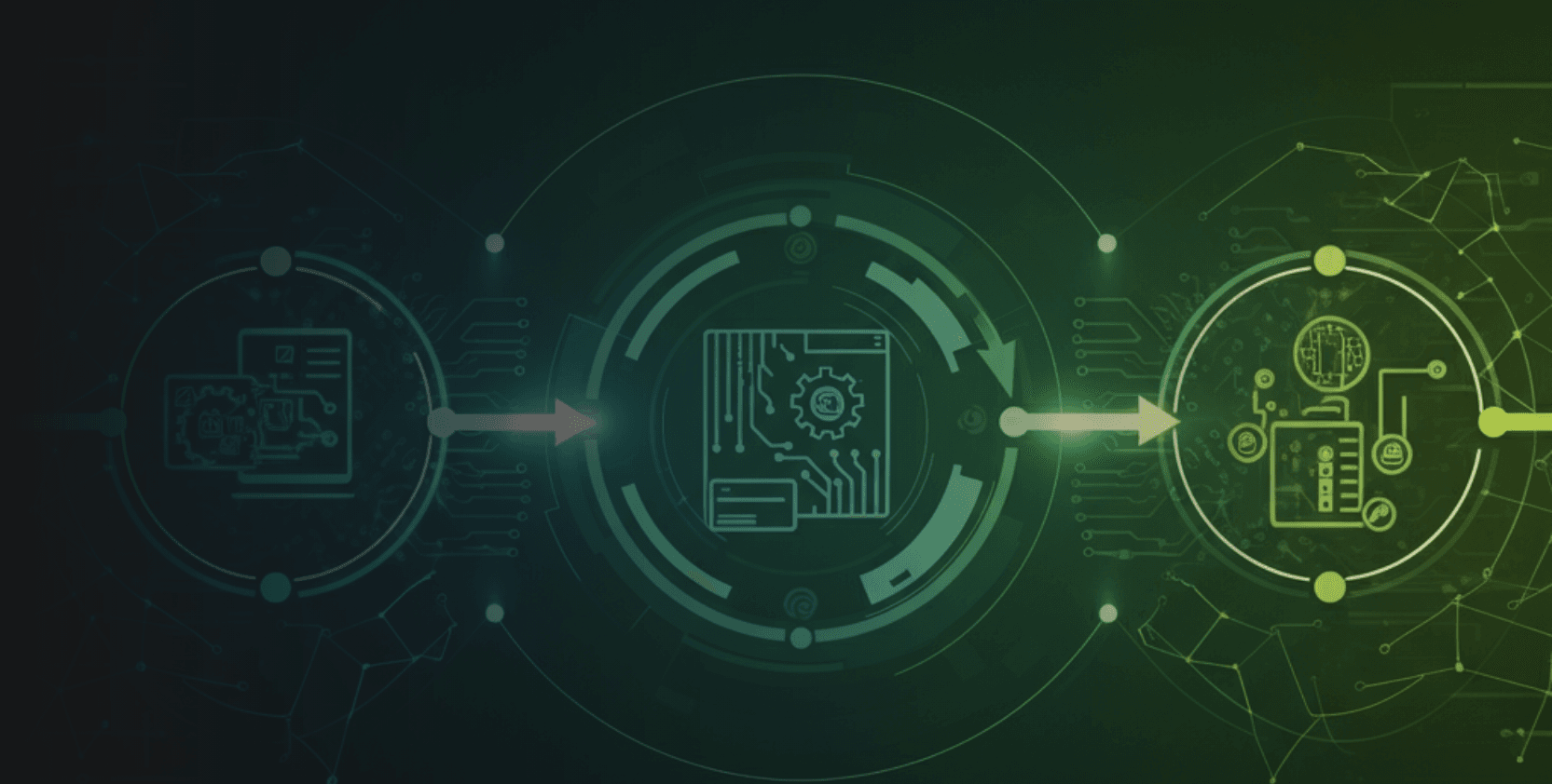 Depiction of IoT device lifecycle management stages with futuristic design and connectivity elements.