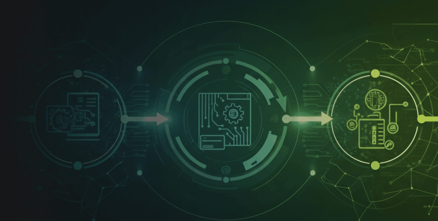 Depiction of IoT device lifecycle management stages with futuristic design and connectivity elements.