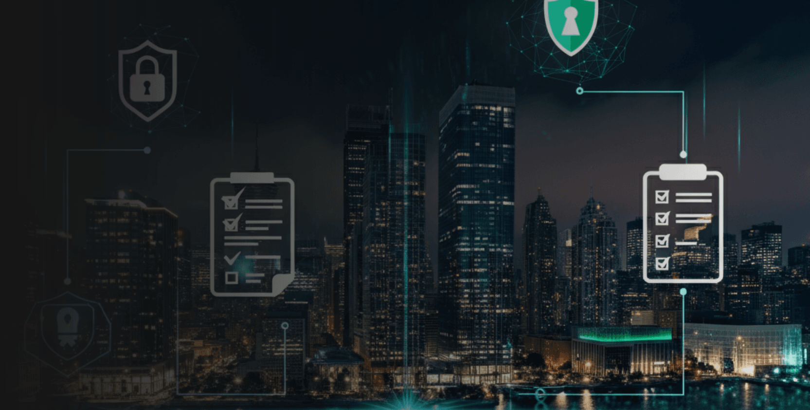 A futuristic cityscape banner for a blog on smart building compliance, showing IoT connectivity with glowing lines, cybersecurity shields, and checklist icons.