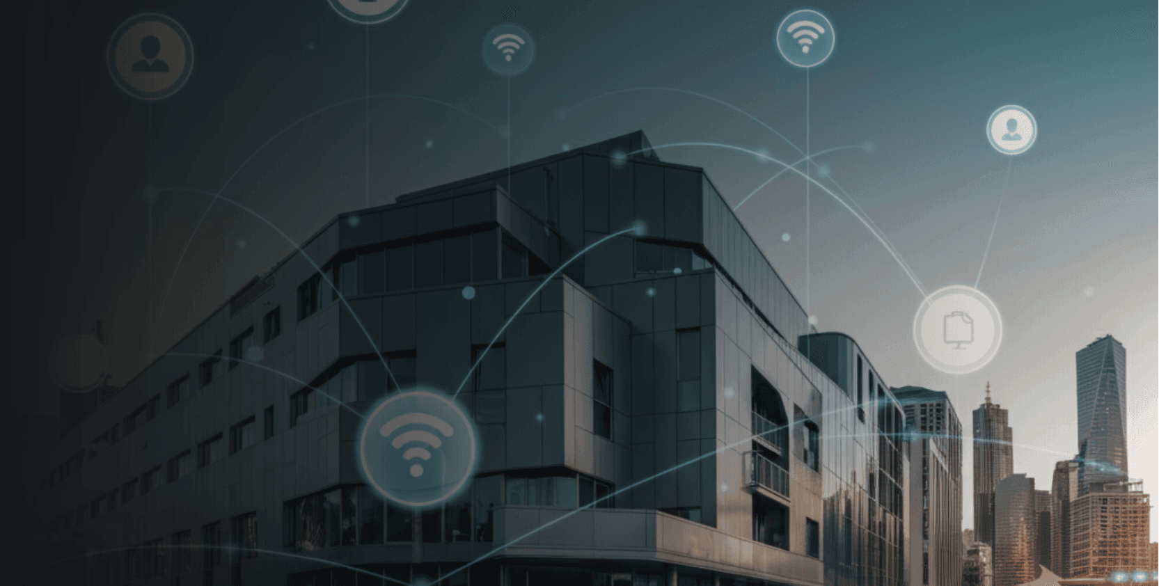 Smart building with device management visualized through glowing digital connections, representing seamless IoT integration in a modern urban environment.
