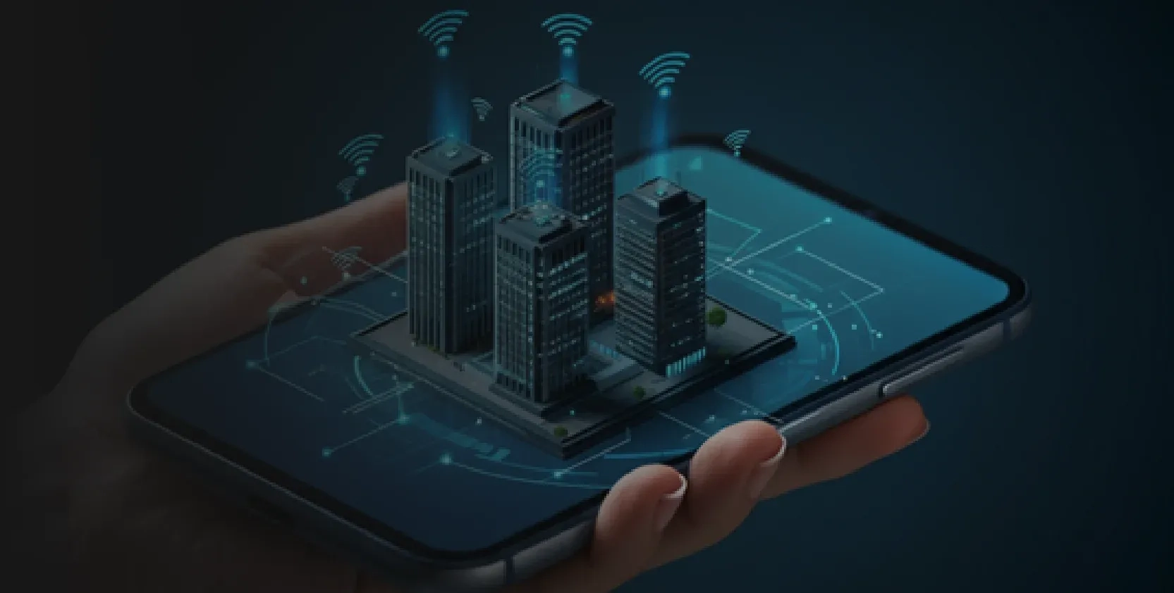 AI in property management via mobile device monitoring smart buildings remotely.