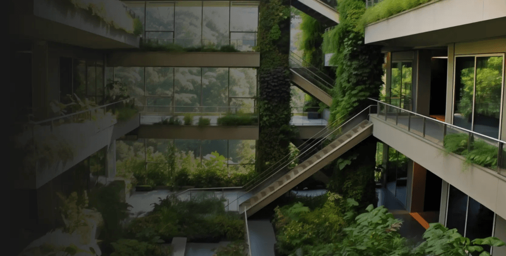 Net zero building with plants on the corridors.