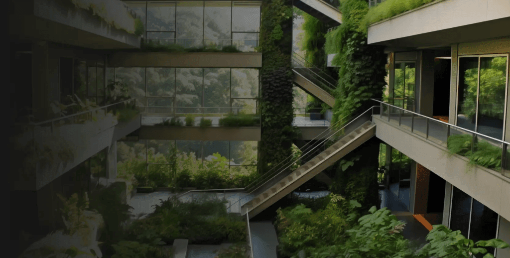 Net zero building with plants on the corridors.